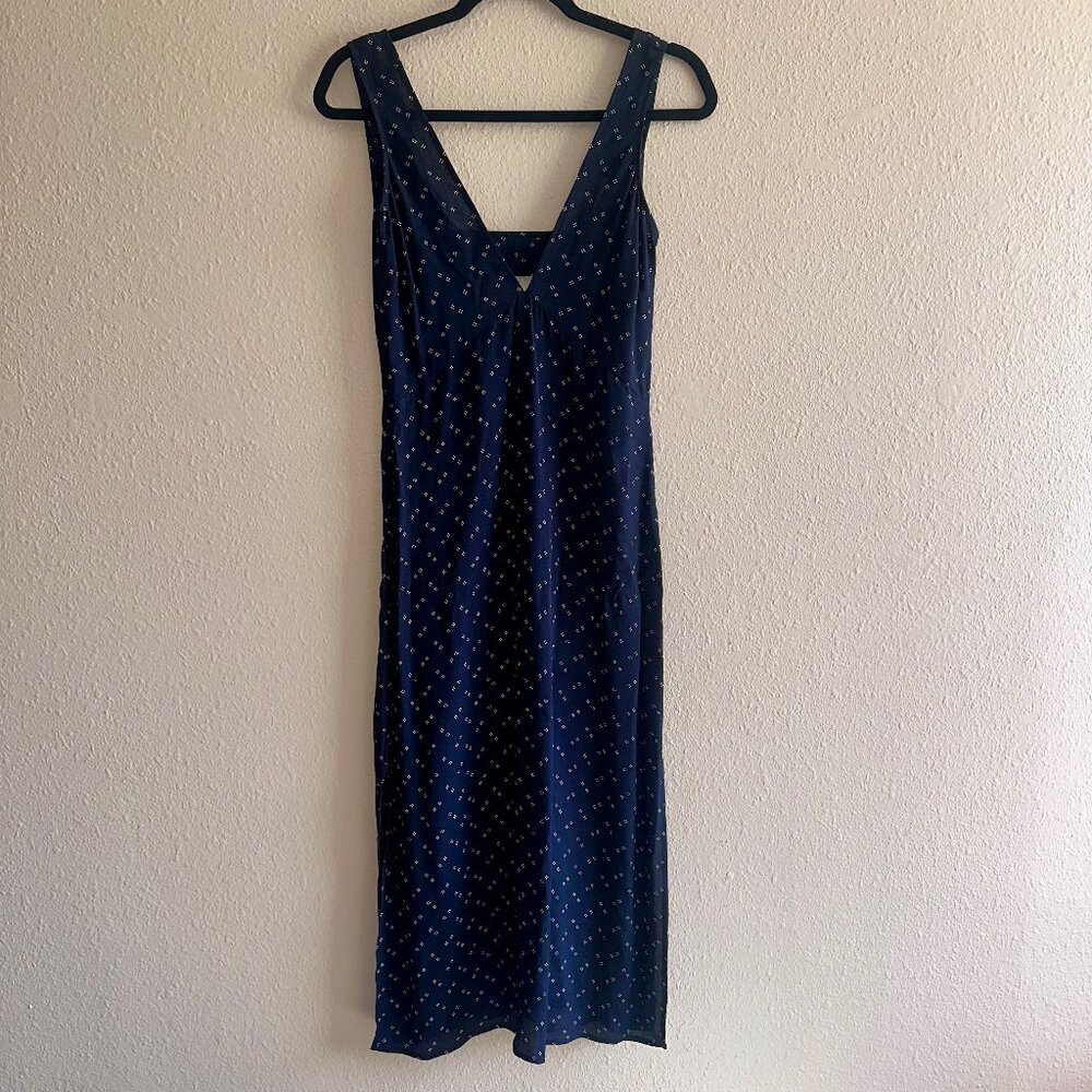 Whimsy + Row Navy Simple Patterned V Neck Tank Midi Dress With Leg Slits Size XS